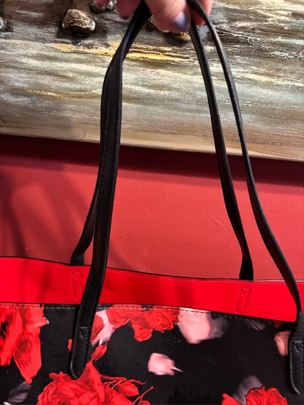 Victoria's Secret Black Tote, Overnight bag with Red Floral Print.🌹
